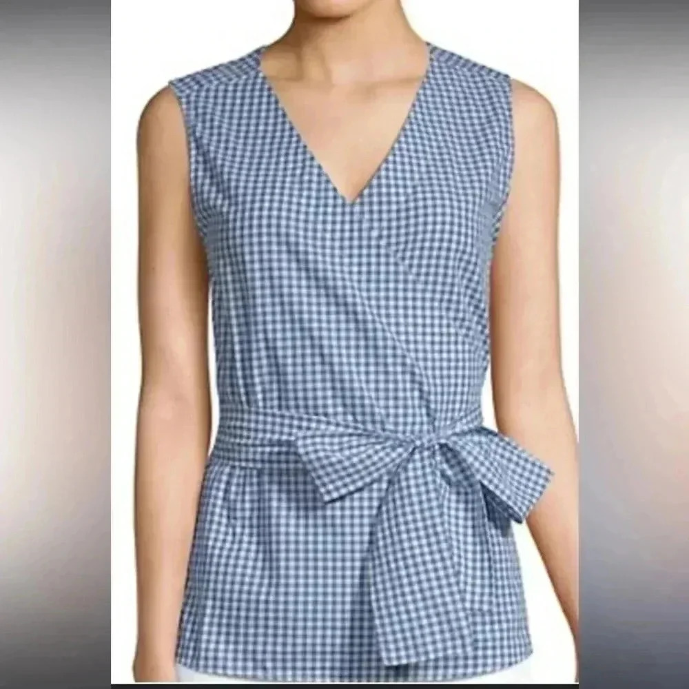 BEACHLUNCHLOUNGE Blue White Gingham Faux Wrap Tie Sleeveless Blouse Size XS